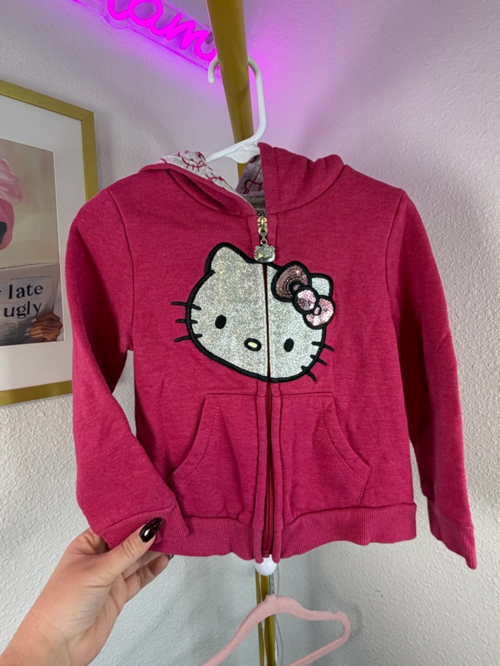 Girls Hello Kitty Hot Pink Glitter Face Full Zip Hoodie 3T - Picture 4 of 7